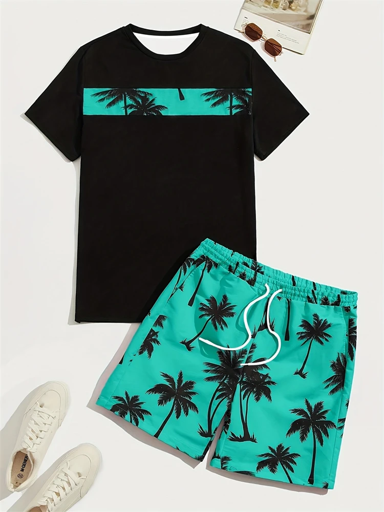 2026 Tropical Coconut Tree Print Men's T-Shirt & Drawstring Shorts Two-Piece Set Summer New Arrival Set Casual Vacation Set