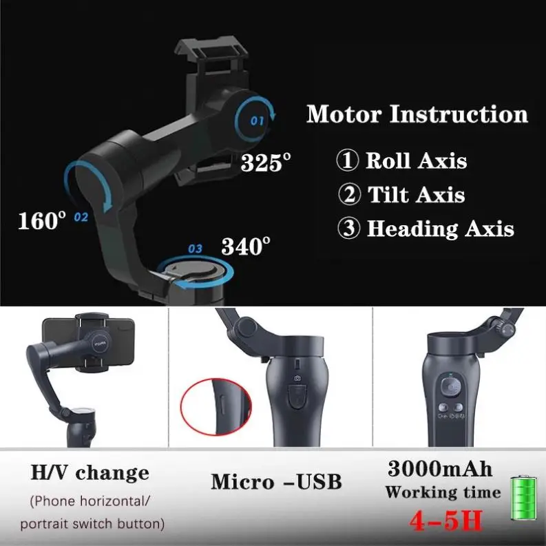 Stabilisateur de cardan à cardan 3 axes portatif de qualité supérieure, pour téléphone portable, Smartphone, enregistrement vidéo vlog