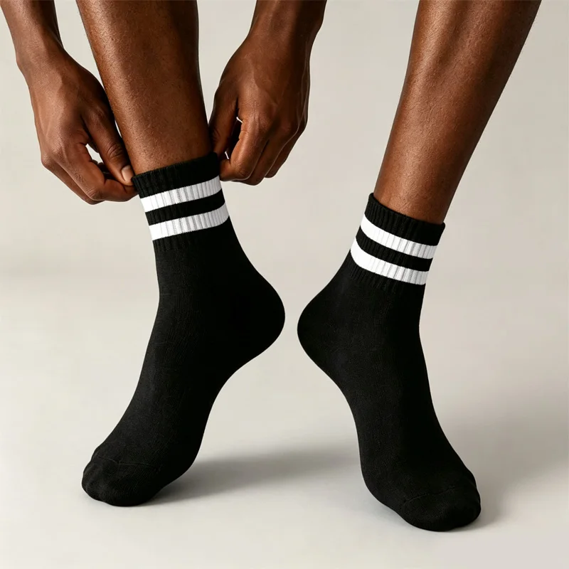 5 Pairs Different Combinations Twin Stripe Mid Calf Socks Minimal Street Elastic Light Socks For Men Casual Everyday Matching
