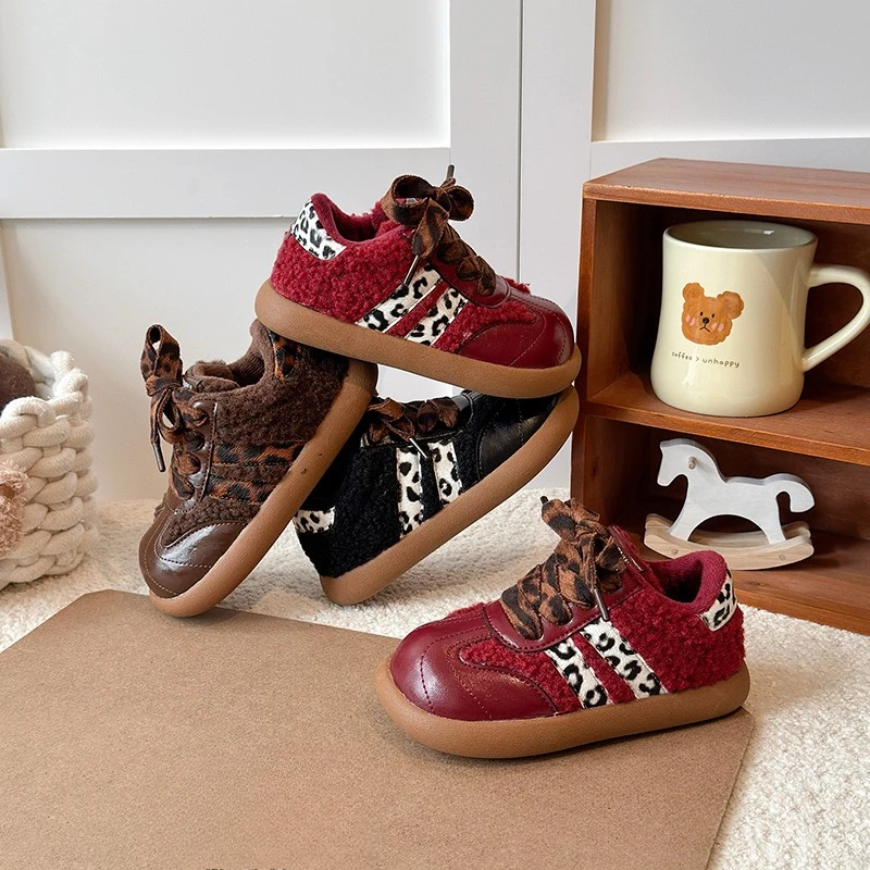 

New Girls Cotton Shoes Winter Warm Children's School Plush Sneakers Soft Patchwork Kids Causal Sports Shoes Non-slip Hook Loop