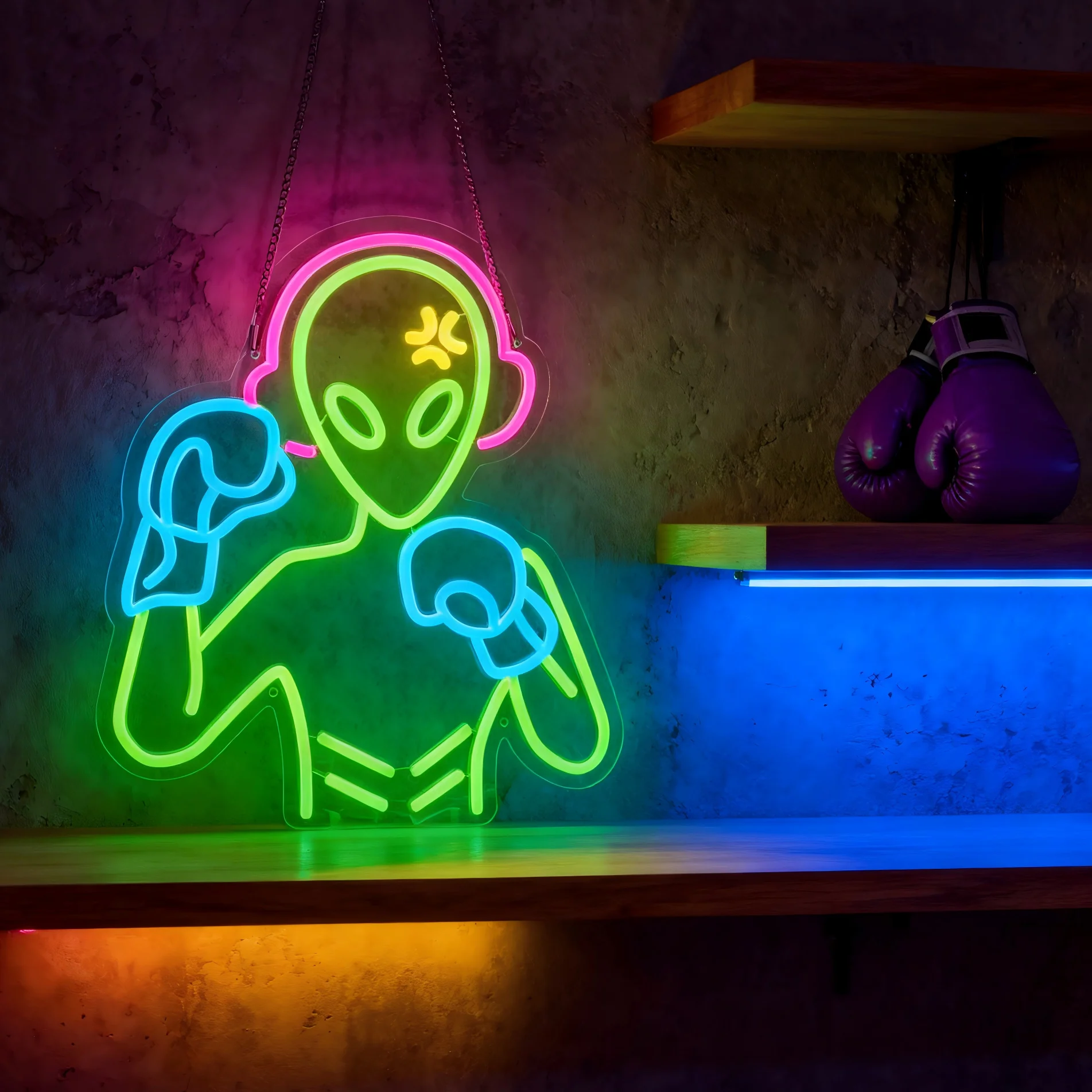 الملاكمة الأجانب النيون تسجيل USB عكس الضوء LED ضوء النيون تسجيل لعبة غرفة نوم بار حفلة صالة الألعاب الرياضية الملاكمة حلقة جدار ديكور الهدايا #4