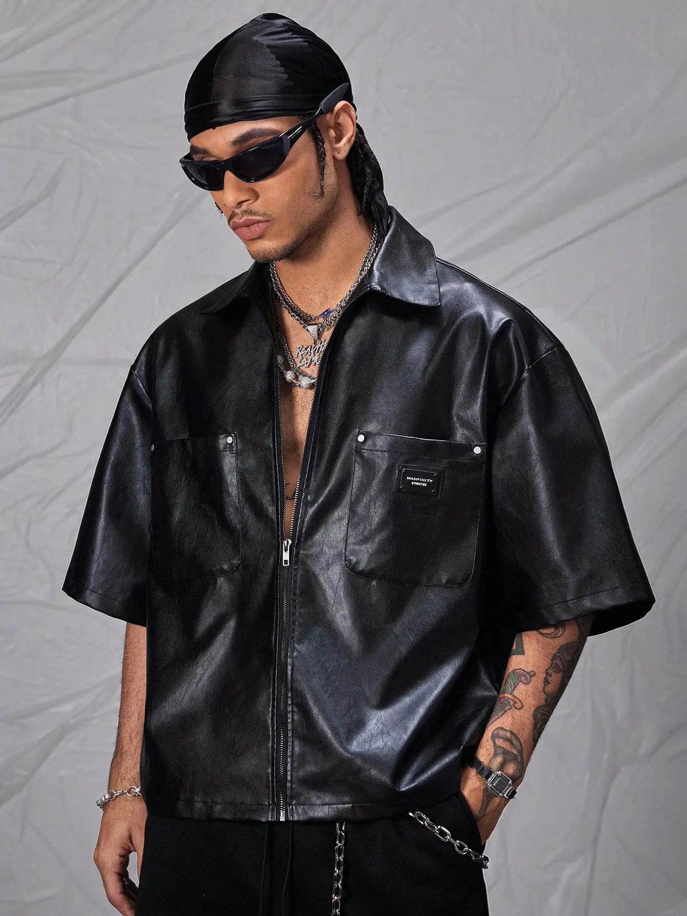 

Men's Loose Fit PU Leather Front Zip Short Sleeve Shirt, Streetwear Style
