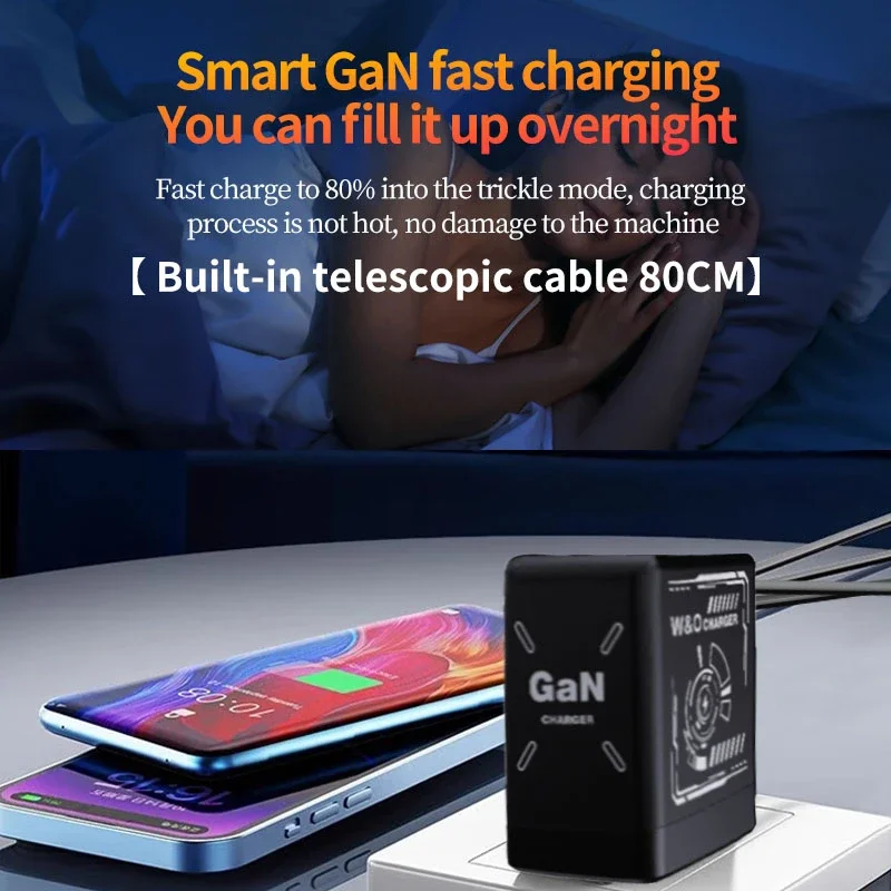 Cargador GaN Compatible con cargador rápido de 120W Cable de iluminación retráctil tipo C Adaptador portátil para iPhone iPad Samsung