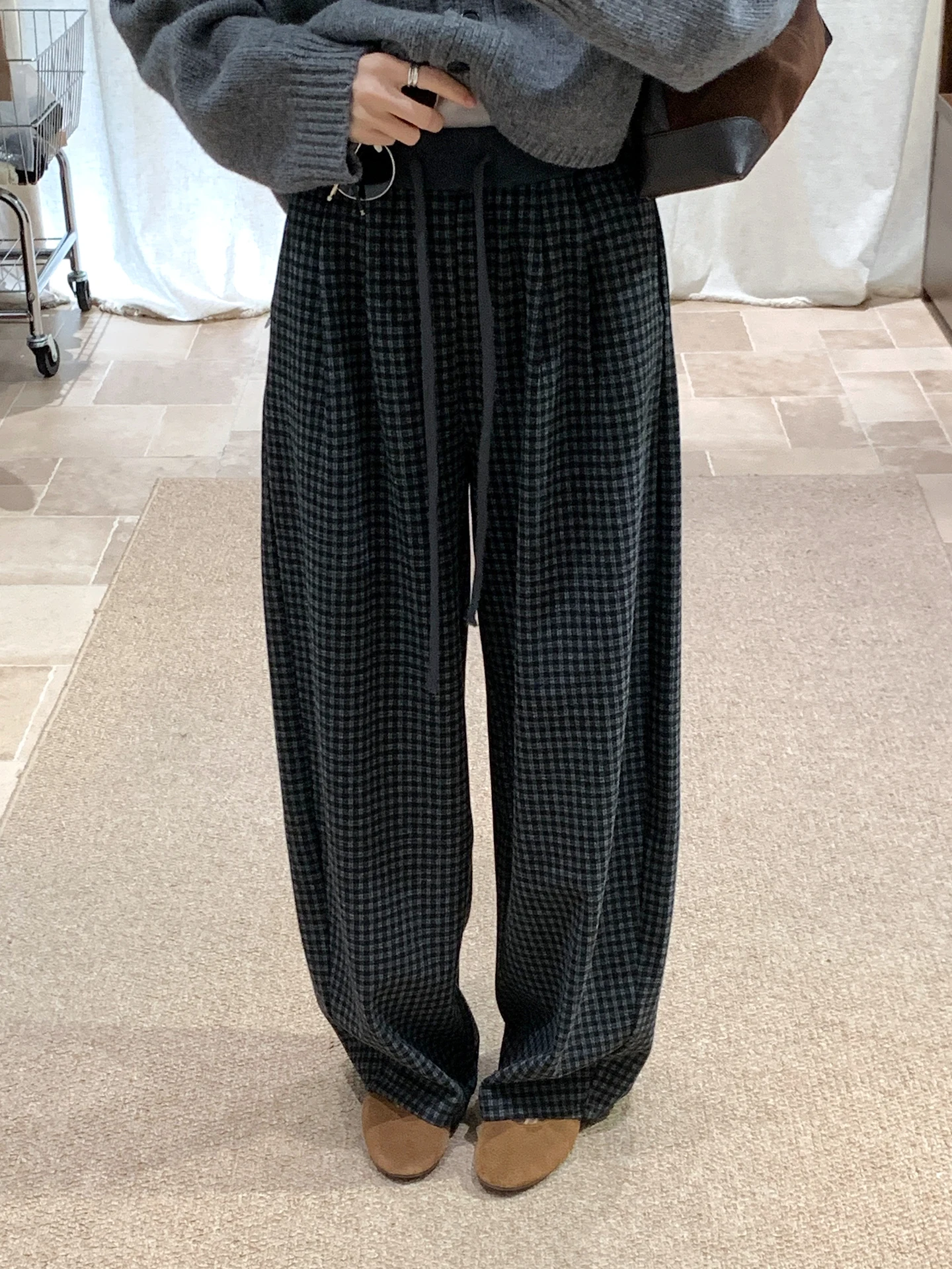 

Retro High Waist Wide Leg Plaid Straight Casual Pants Women's Autumn New Sle BRIVIN Bla ey Ladies Comfortable Trousers