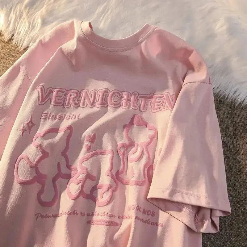 Women Oversized Summer Kawaii Bear Full Printed Tie-Dye Short-Sleeved T-Shirt Loose Ins Harajuku Casual Half-Sleeved Top Goth