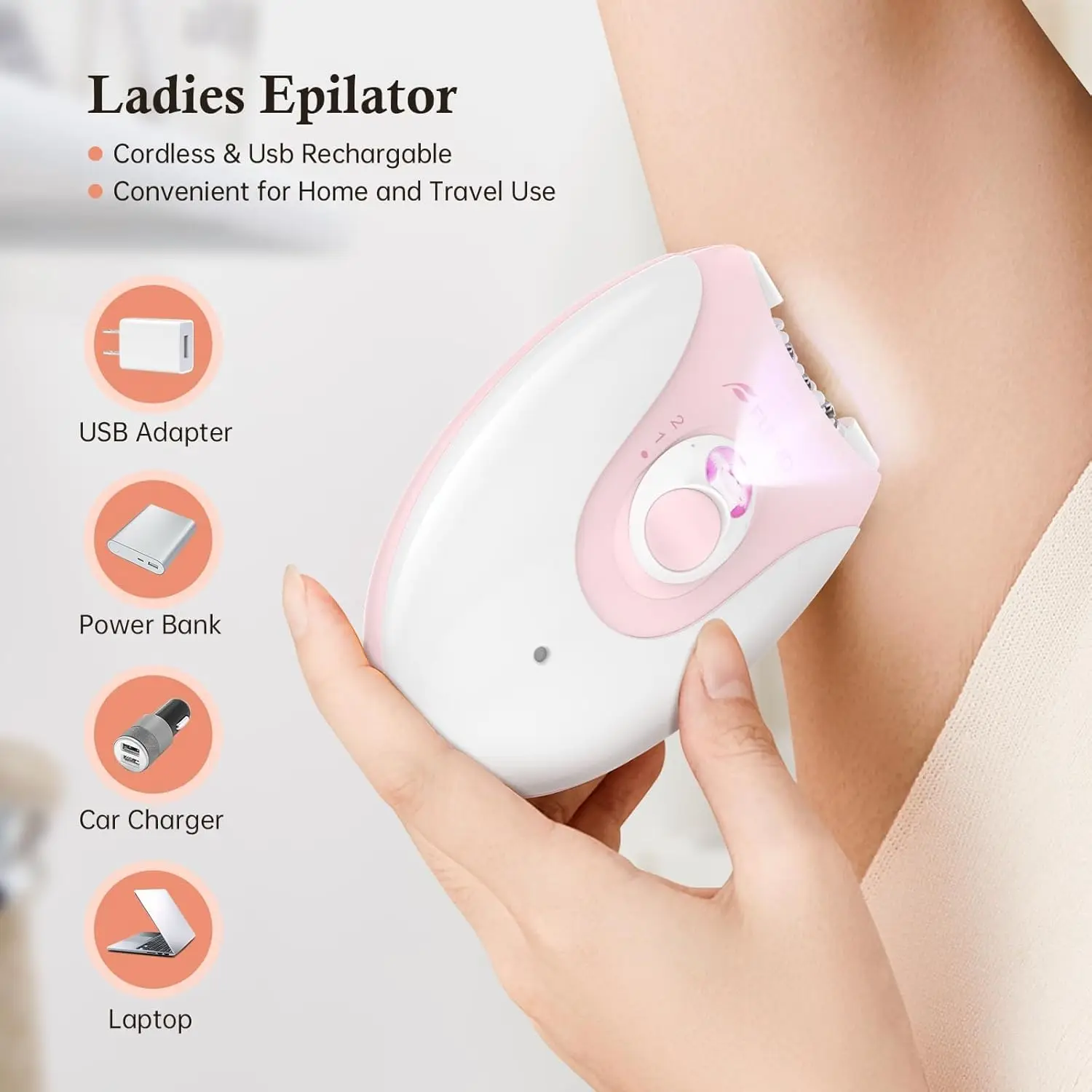 2-Speed Rechargeable Epilator with Massage Pad for Face, Bikini, Arms, Legs – LED Hair Removal Device