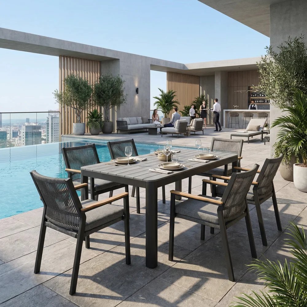&* 6 Person Aluminum Outdoor Dining Set With Faux Wood Tabletop For Garden Villa Commercial Hospitality Space Hotel Cafe Restaur