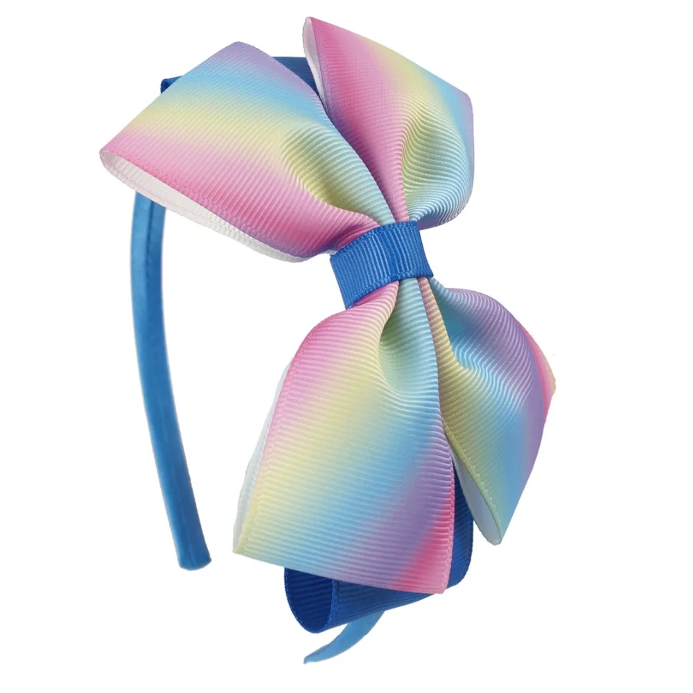 ncmama Satin Covered Hairbands With Rainbow Hair Bows For Kids Girls Printed Ribbon Bows Hard Headbands Hair Accessories