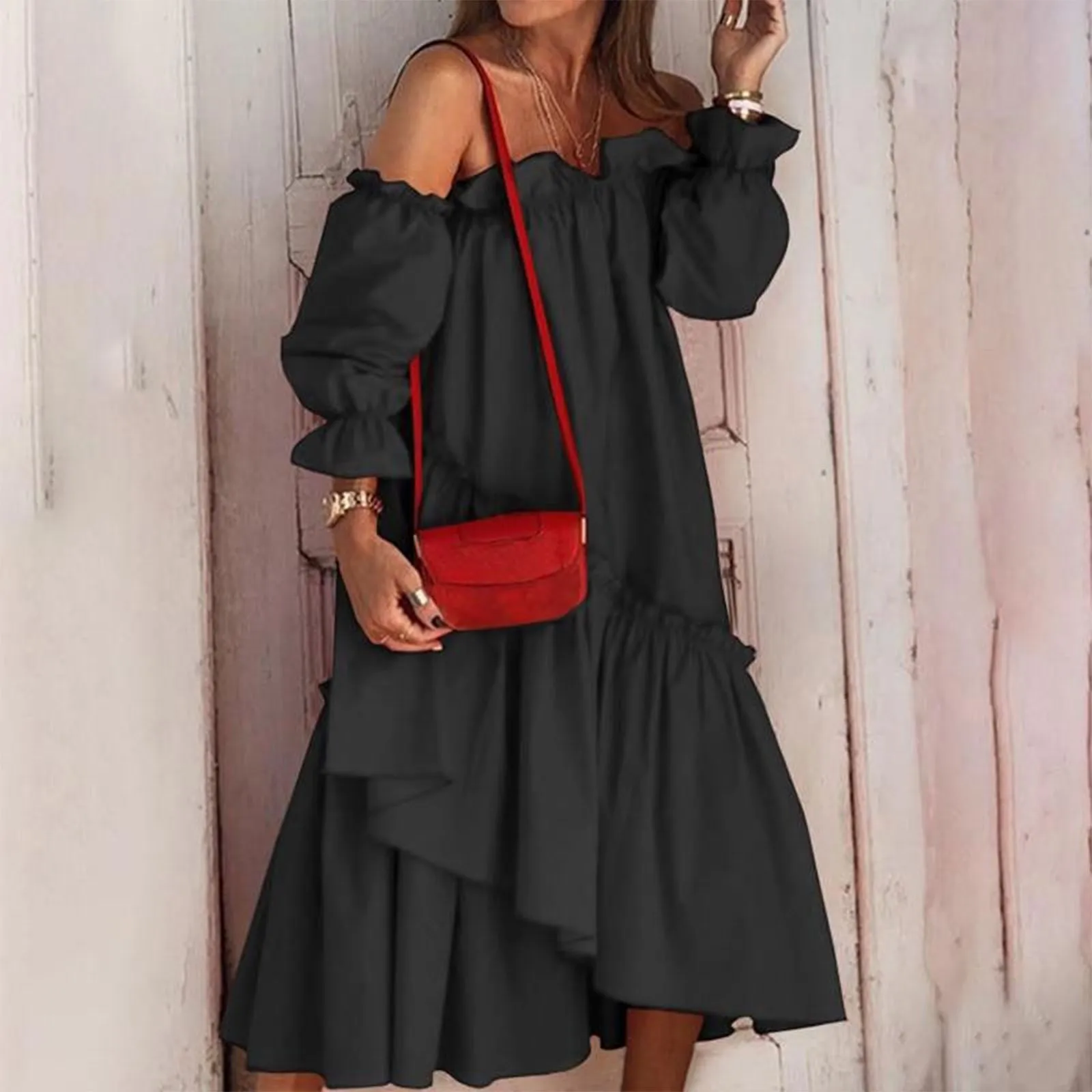 Women Dresses Loose Off Shoulder Dress Ruffle Edge Tiered Long Sleeved Dress Irregular Long Dress literature casual Vestidos