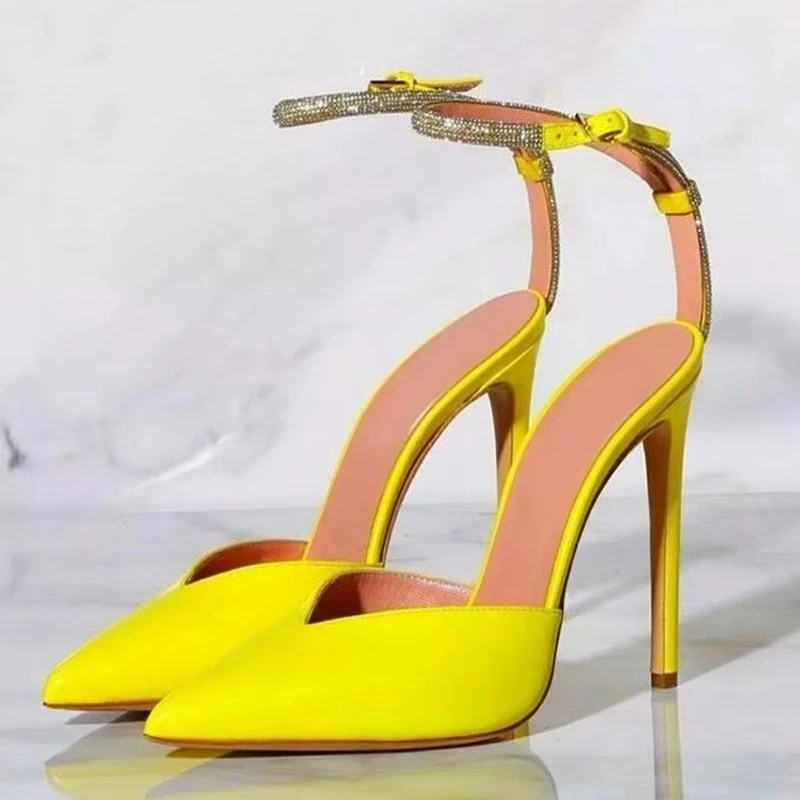

V Cut Women Pumps Bling Bling Crystal Ankle Strap Yellow Suede PU Pointed Toe Hollow Thin Heels Spring Autumn Club Evening Shoes