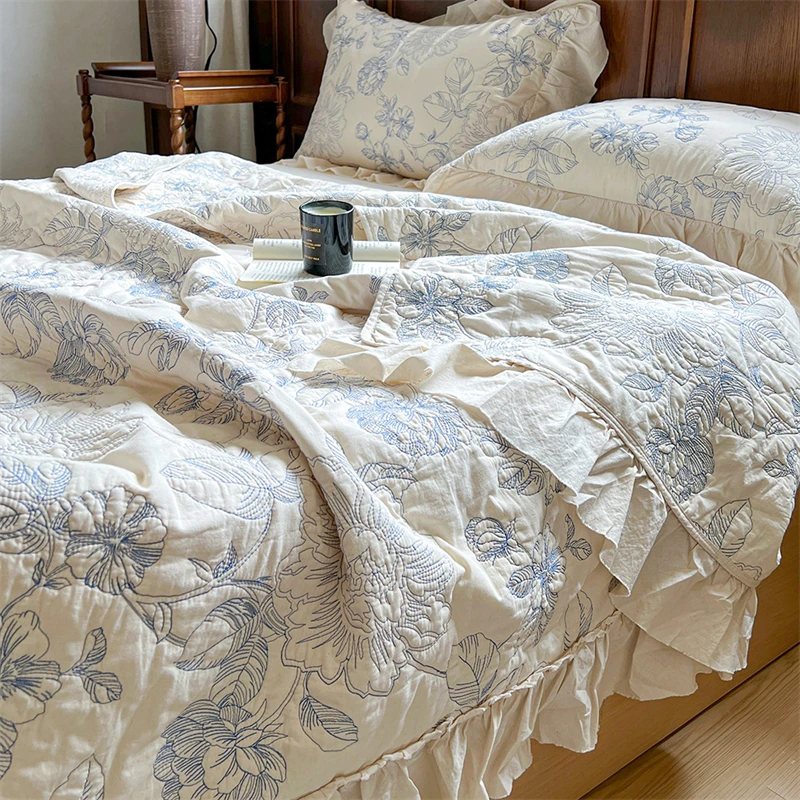 Cotton Linen Blend Quilted Bed Cover Set, Flowers Embroidery Bedspread Set, Lace Trim Coverlet, All Season With Pillowcases 3Pc