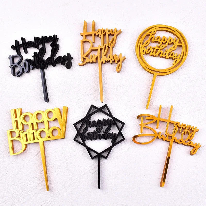 

10pcs Ins Golden Happy Birthday Cake Topper Black Acrylic Birthday Party Cake Topper Cake for Baby Shower Dessert Decoration