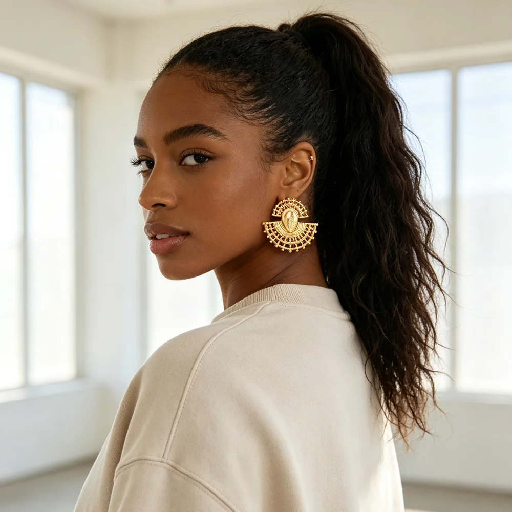 Damen-Set aus 18K vergoldeten, perlenbesetzten, durchbrochenen Cowrie-Muschel-Ohrringen und -Ring, afrikanischer ethnischer Statement-Schmuck, Geschenk für Party und Hochzeit – Detail 2