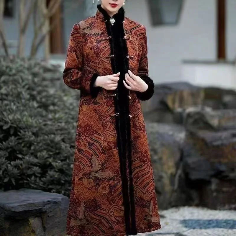 2023 Plush Warm Jacket Autumn Winter New Outerwear With Cardigan, Thickened Ethnic Style Retro Foreign Style Mom's Outfit Jacket