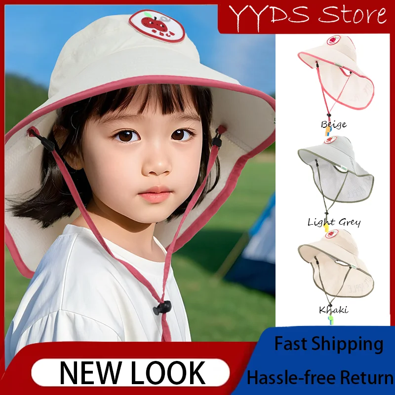 キッズサマーサンハット（笛付き）：uvカット、つば広ファンバケットキャップ（ショール付き）、男の子＆女の子用