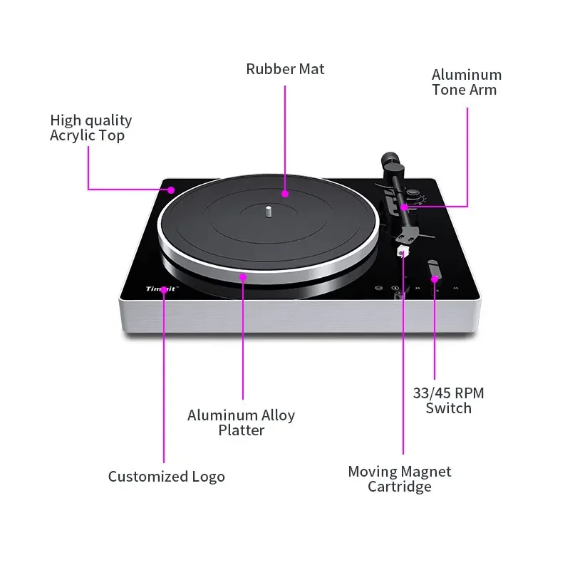 Hot Selling Classic Vintage Design Record Player Gramophone Aluminium Turntable with Bluetooth Transmitters and USB to PC Record