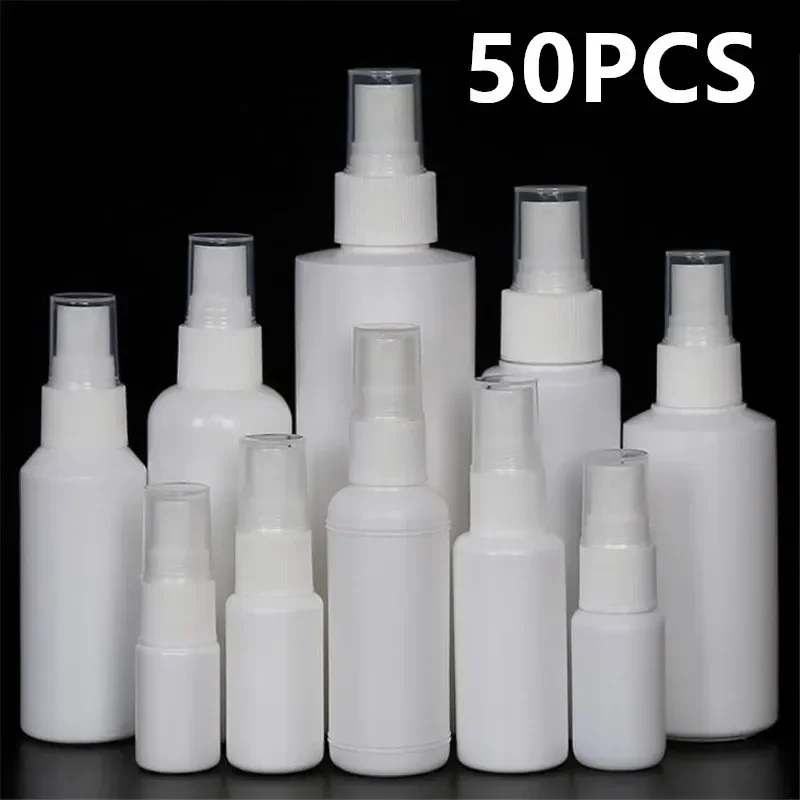 50PCS 10/20/30/50/100ml White PE Plastic Refillable Bottles Fine Mist Perfume Atomizer Mini Empty Spray Bottle Alcohol Bottle