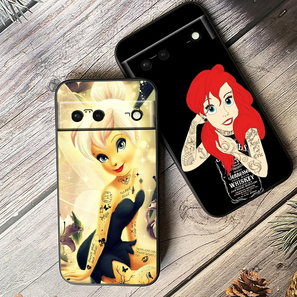 Disney Princess Tattoo For Google Pixel 8 7A 7 6A 6 5A 5 4 4A XL 5G Black Silicon Shockproof Shell Funda Phone Case