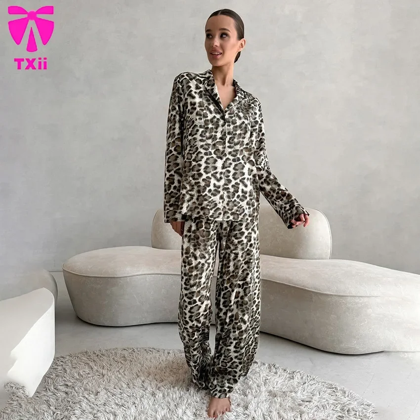 TXii New Leopard Print Women\'s Pajama Set Spring Autumn Ladies Homewear Turn Down Collar 2 Pcs with Pant Pyjama Suit Female