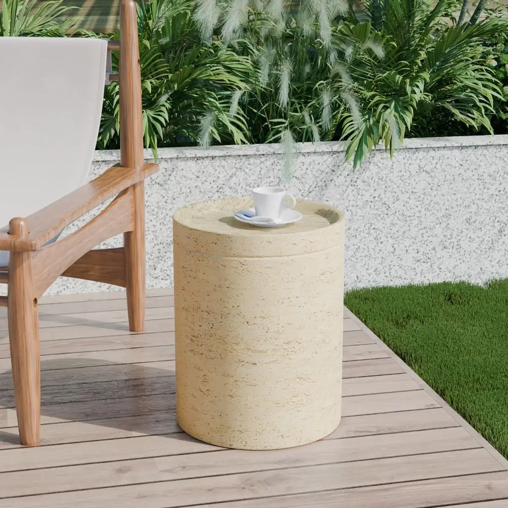 

Outdoor Side Table, Round MgO Patio End Table, Small Decorative Garden Stool Plant Stand, Waterproof and AntiRust, Light Beige