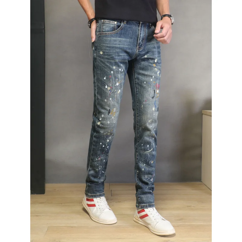 2026 New Arrival Men's Jeans Paint Print Vintage Washed Casual Slim Fit Trendy Streetwear Denim Pants