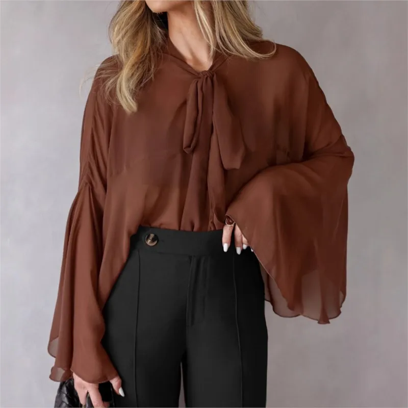 

Модная элегантная блузка для женщин, прозрачный шарф, воротник, рубашки с расклешенными рукавами, французские базовые офисные женские топы, женские новинки 2025 года, осень