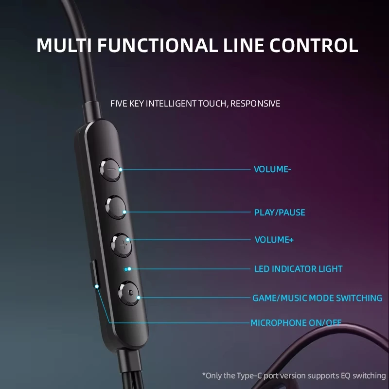 PIVA 1.2M كابل Type-C Interface RGB تأثير الإضاءة المدمج في كارت الصوت مع هيئة التصنيع العسكري داخل الأذن السلكية Esports سماعة الألعاب