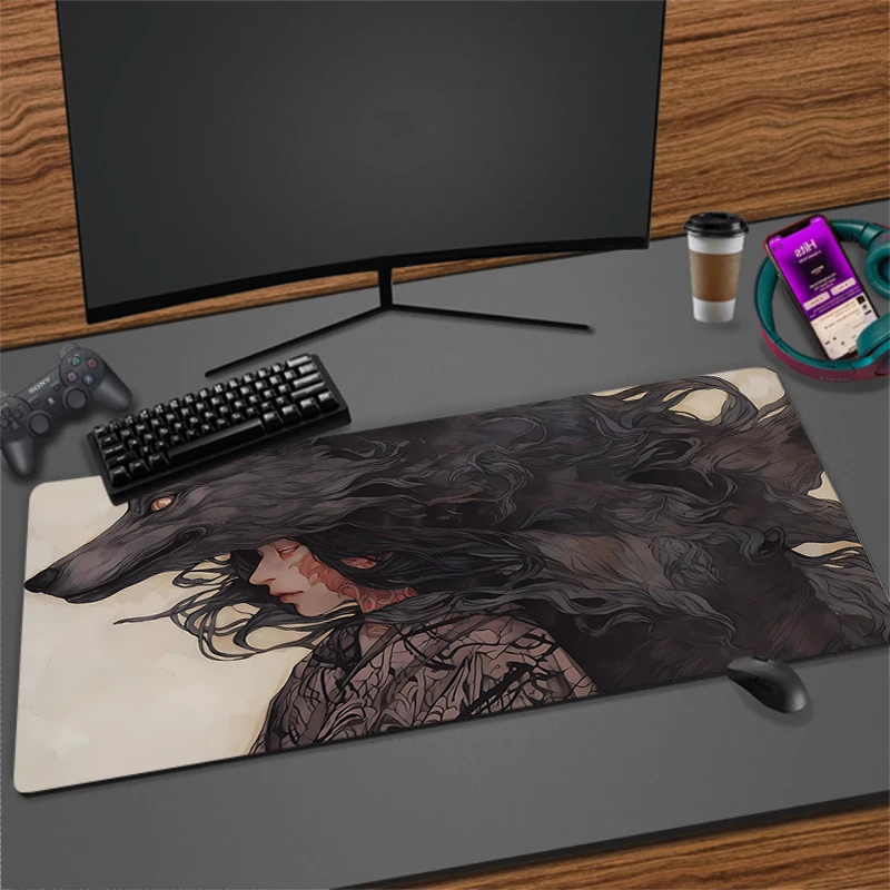 Black And White Wolf Clan Girl Large Mouse Pad Keyboard Mat Gaming Mousepad Gamer Locking Edge Laptop Desk Mats Computer Carpet