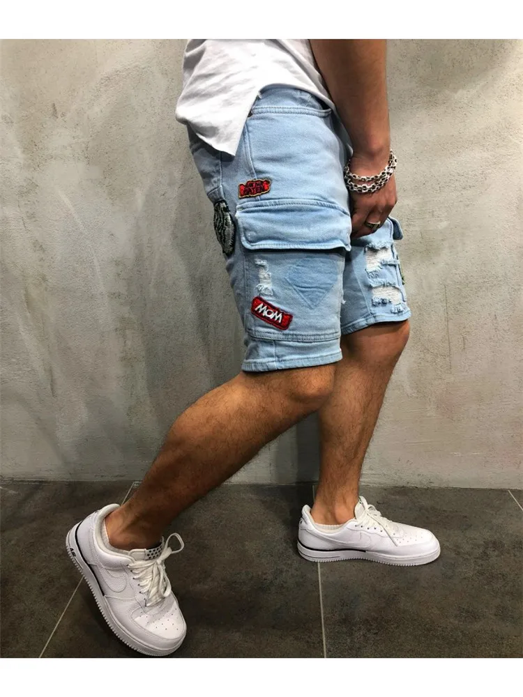 2024 clothes Y2K Summer Ripped Shorts Jeans Men's Hip-Hop Badge Pants  Stretch Light blue Slim Straight Men's Short Jeans Hombre