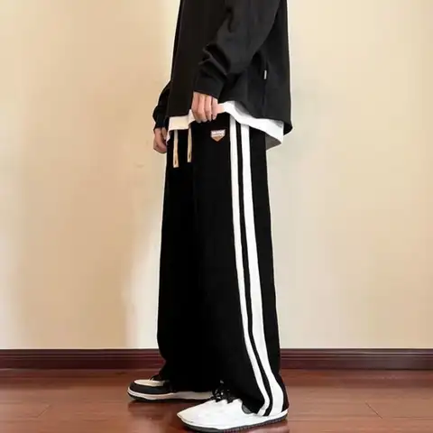 Casual Loose Fit Trousers Men's Thick Plush Wide Leg Sweatpants with Drawstring Waist Casual Streetwear for Hip for Comfort
