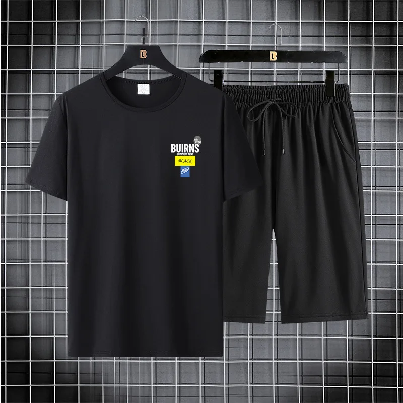 Summer Fashion Knitted Ice Silk Sleeved Shorts Two-Piece Men's T-Shirt Quick Drying Breathable Trend Handsome Comfortable Set