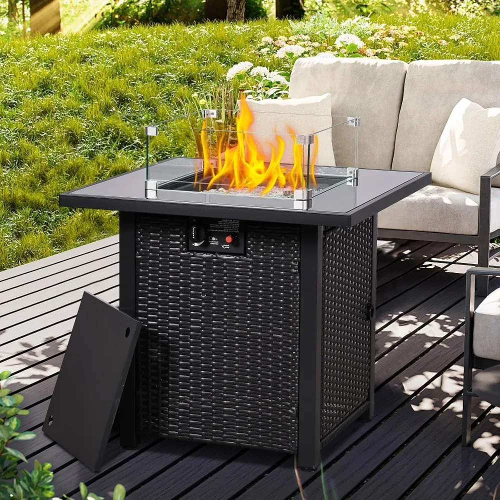 

28'' Gas Fire Pit Table, Outdoor Square Fire Pit Table with Cover, Glass Wind Guard & Glass Rock, 60000 BTU Stainless Steel