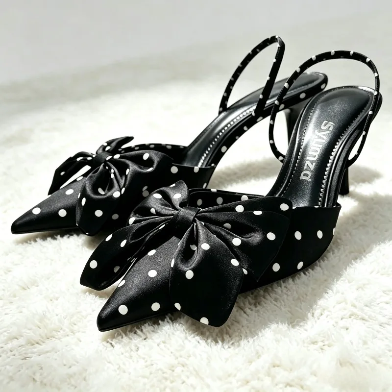 Zapatos de tacón de marca con decoración de Nudo de mariposa y lunares marrones, zapatos de diseñador elegantes con punta estrecha y tacón fino, zapatos de vestir de fiesta sexys