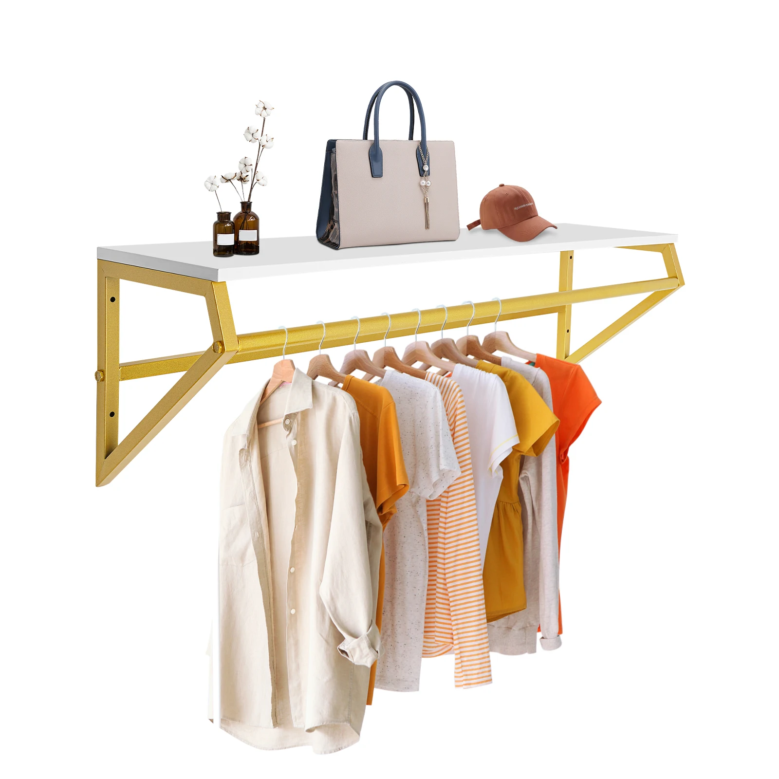 

105*25*30cm Clothes Rack with Top Shelf, Wall Mounted Garment Rack, Display Hanging Clothes Rack