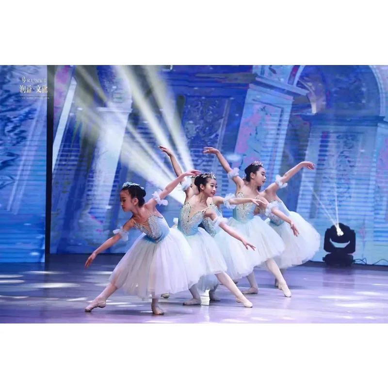 ชุดบัลเล่ต์เด็ก ชุดแสดง กระโปรงยาวพลิ้ว ชุดเต้นรำเด็ก เสื้อทรงเจ้าหญิง สายคล้องคอ สีฟ้าอ่อน กระโปรงพอง