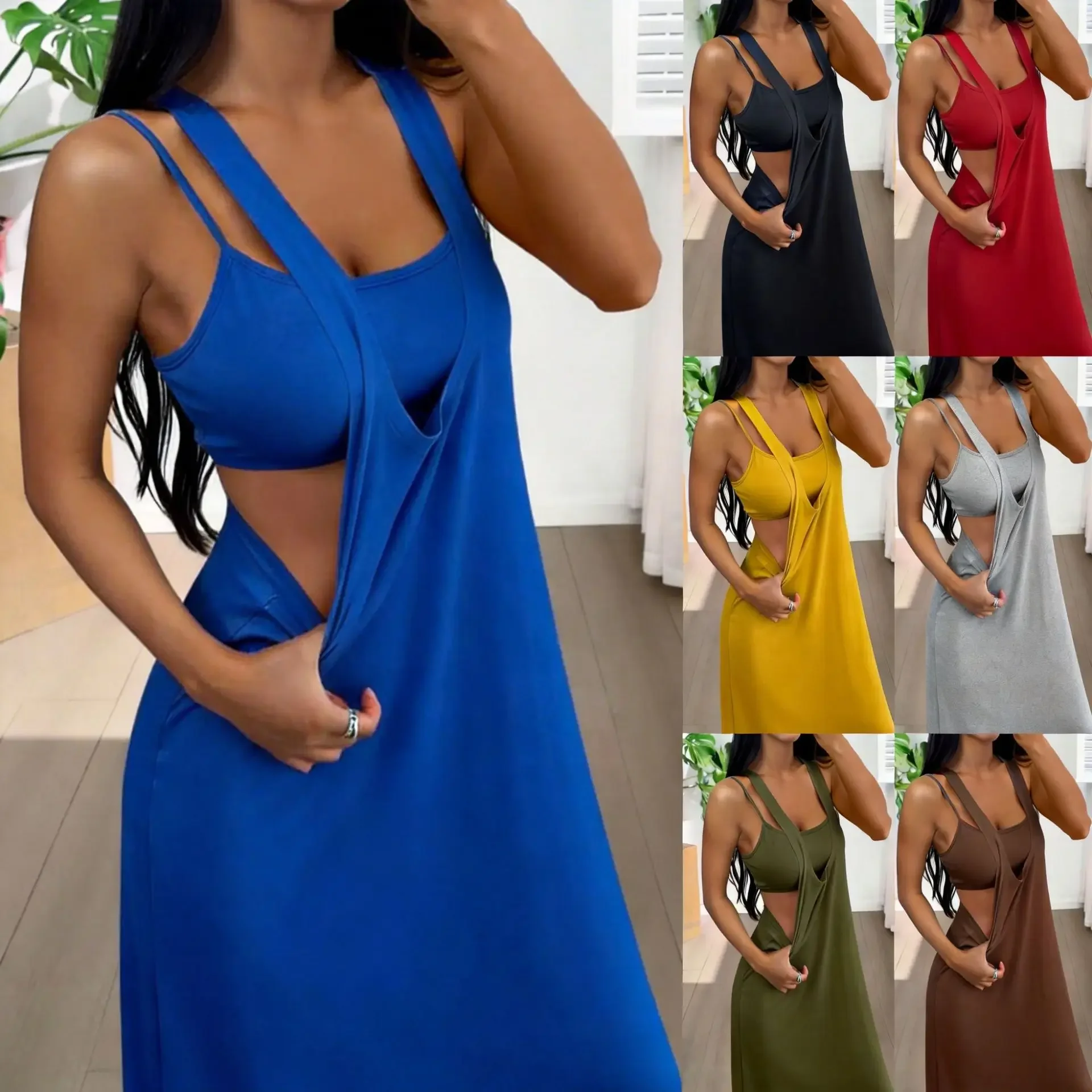 Women's Loose Dress Sets Two 2 Pieces Sale Summer Vacation Maxi Long Sundress& Sexy Slip Camis Tank Tops OUMEFSC-WW2601