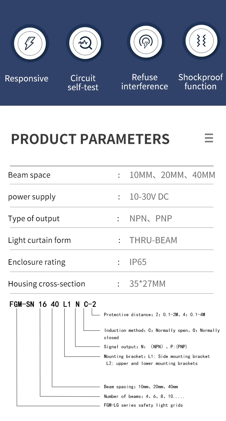 FGM-LG Lichtschranksensor 10 mm Strahlspalt 8 12 16 Abstand industriell NPN PNP 12–24 V Fläche Sicherheit Lichtvorhangsensor – Detail 2