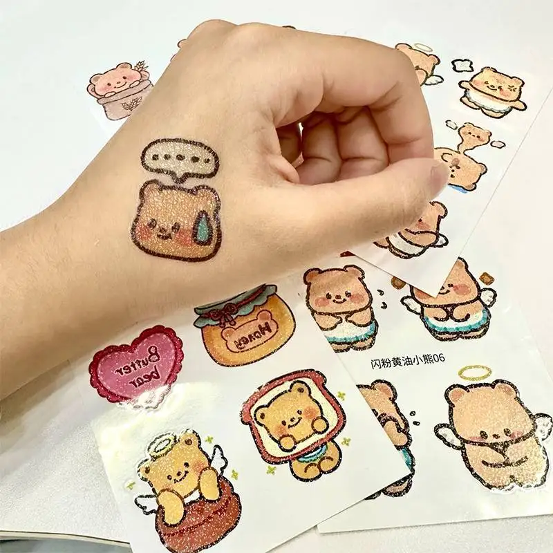 Butter Bear Glitter Temporary Tattoo Stickers, Hot Cute Cartoon Meme Decals, Non‑Toxic Safe Waterproof Body Art Stickers