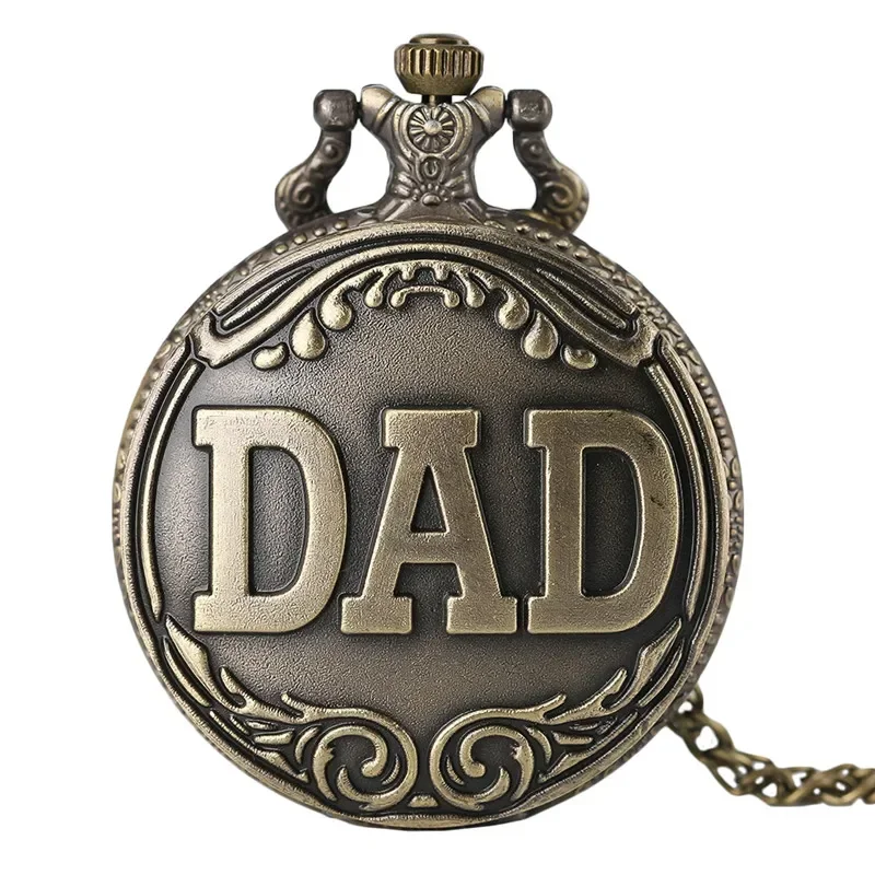 Vintage Style Dad Words Cover Full Hunter Quartz Analog Pocket Watch for Men Necklace Chain Timepiece Present for Father