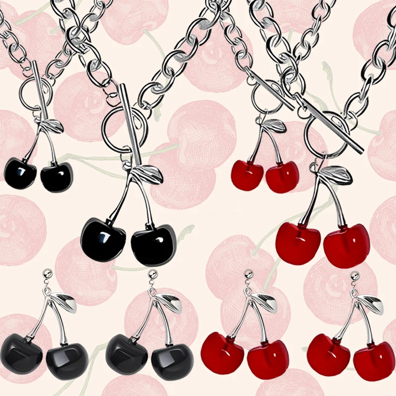Gothic Red Black Cherry Wisiorek Choker Naszyjnik Kolczyki Bransoletka dla kobiet Lato Harajuku Geometryczne zestawy biżuterii na imprezę