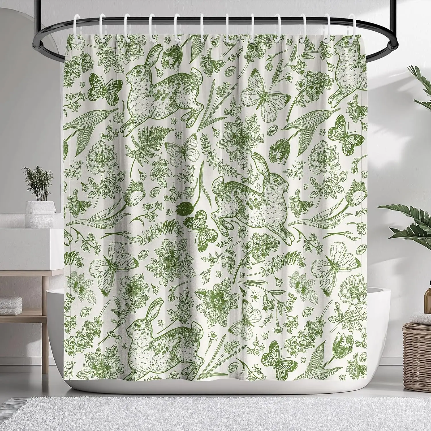 

Plant Shower Curtain,Vintage Rabbit Cottagecore Shower Curtain,72 x 72 Inches, Garden Style Bathroom Decor, Easy to Clean