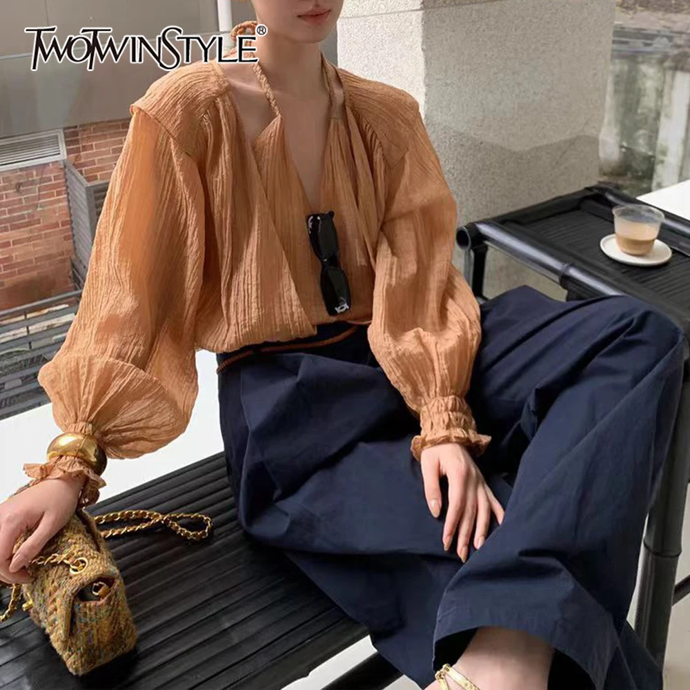 

TWOTWINSTYLE Lightorange Spliced Lace Up Shirt Female Halter Long Sleeve Loose Casual Women's Shirts Summer Fashion Style New