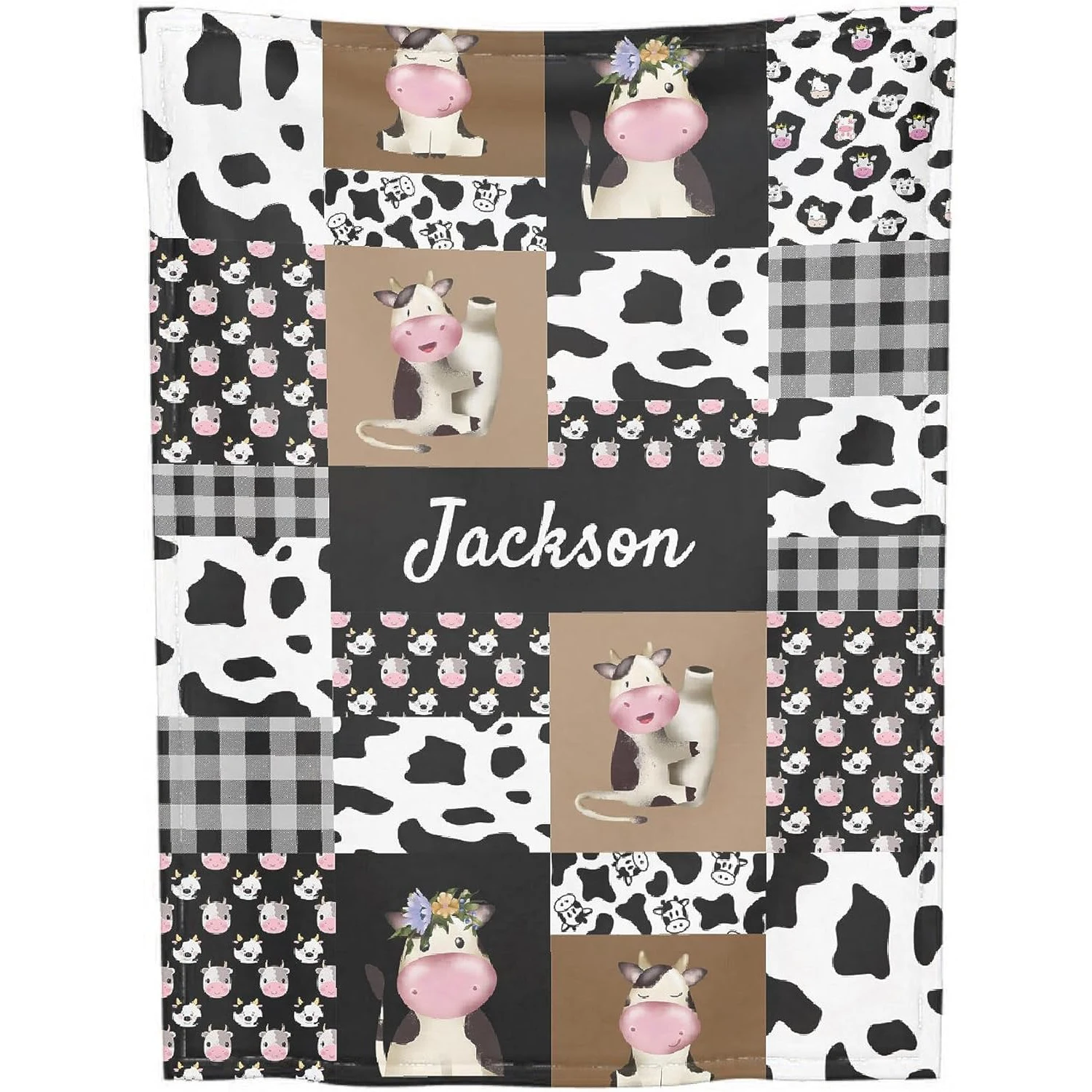 Personalized Cow Baby Blanket with Name - Customized Holiday Gift for Sofa Living Room Vacation House Decor