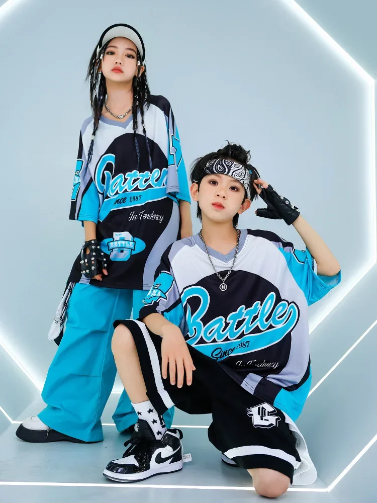 夏子供ルーズブルー Tシャツパンツ黒ショーツ男の子ヒップホップ衣装モダンジャズダンス衣装女の子 Kpop パフォーマンス着用