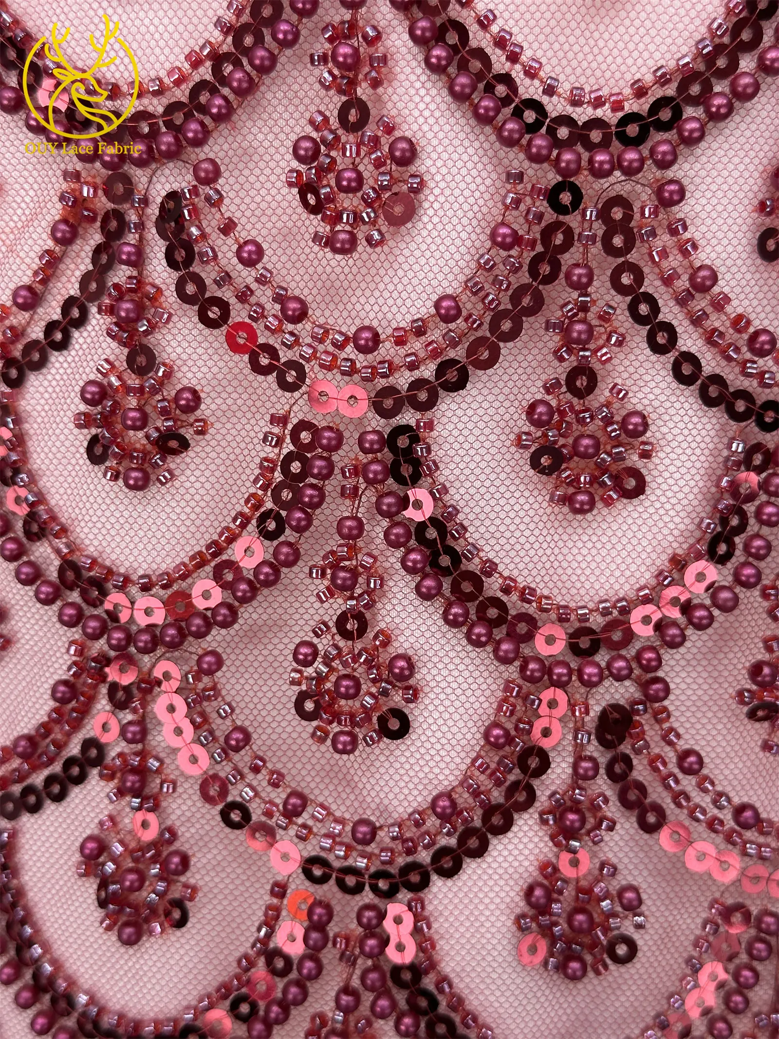 Burgunderroter Afrikanischer Bräutigam Perlen-Spitzenstoff 2026 Neues Design Französischer Nigerianischer Pailletten-Spitzenstoff für Damen Party- und Abendkleider – Detail 10