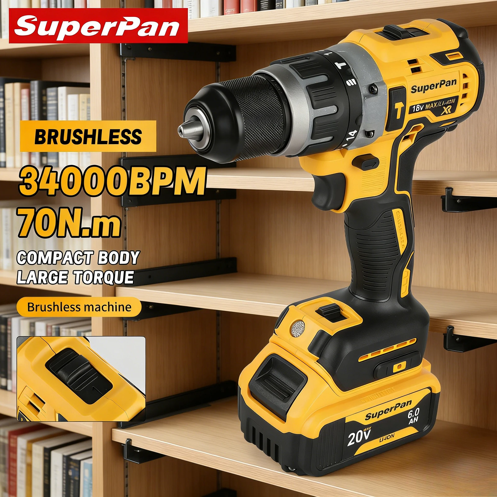 

Аккумуляторная литий-ионная дрель SuperPan DCD796 70Н 34000 об/мин 40/13 мм для установки барных стоек, совместимая с аккумулятором Dewalt 20В