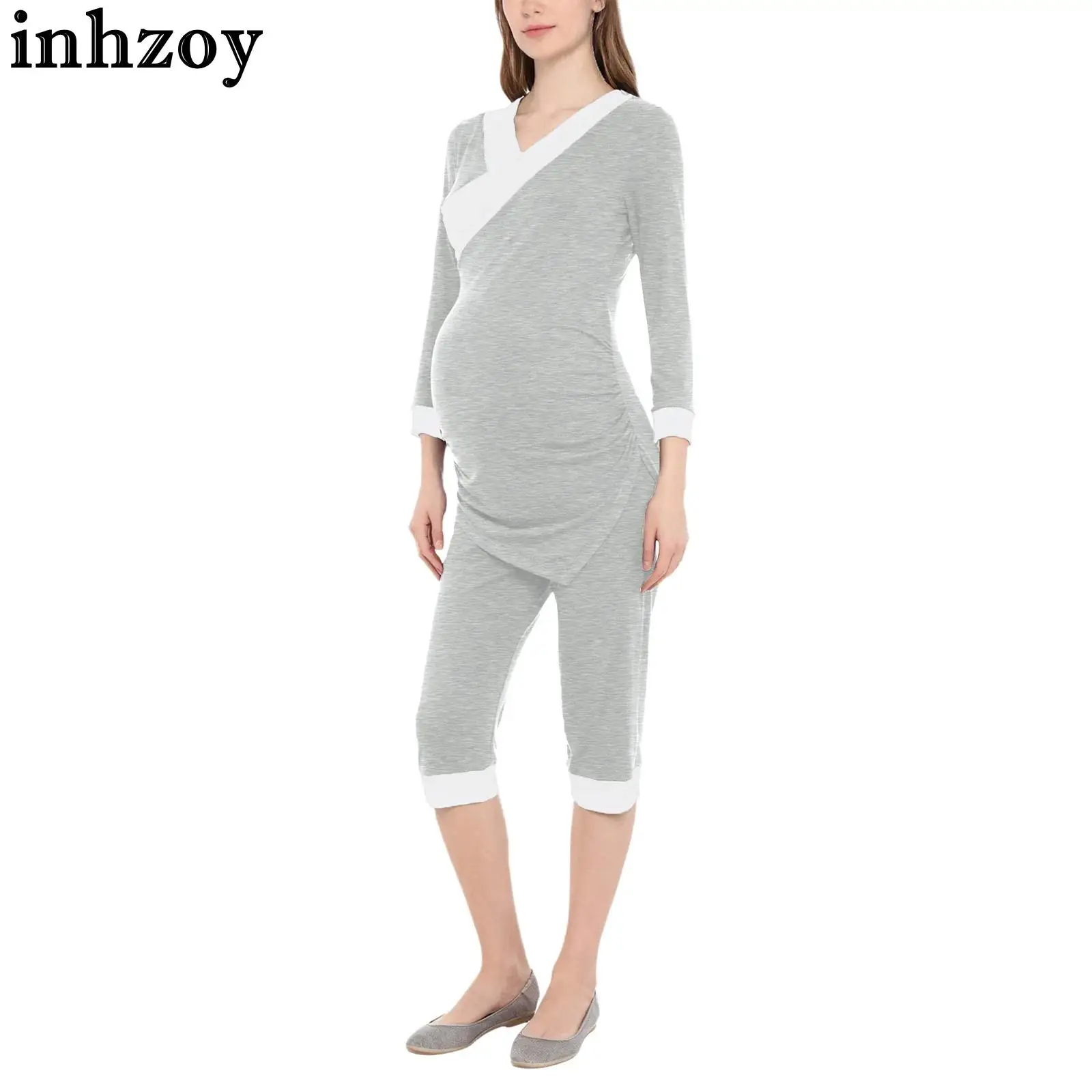 طقم بيجامة نسائي غير رسمي للأمهات 3/4 كم قطع علوية للرضاعة الطبيعية مع سروال خصر قابل للتعديل ملابس نوم ملابس للاستلقاء