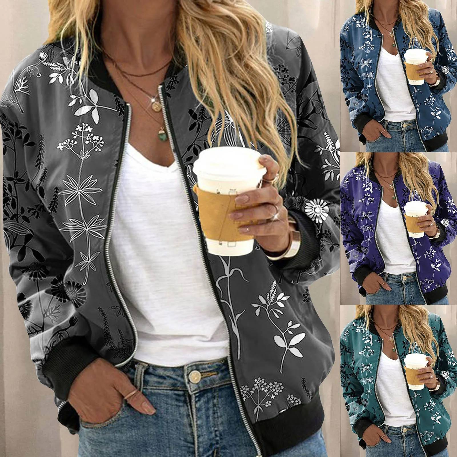 Mulheres leve zíper jaqueta bomber primavera outono floral impresso jaquetas escritório wear fino casaco de escritório retro esportes outwear