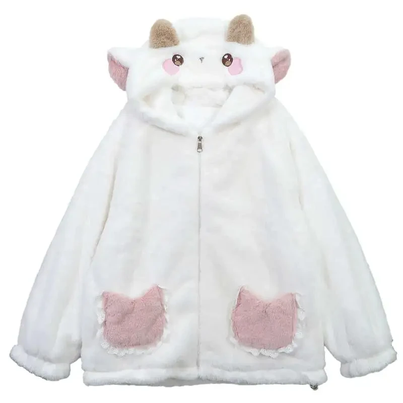 

Furry Jackets Winter Women's Clothing Thicked Hooded Zipper Outerwear 2025 Ropa Mujer Casual Fashion Loose Cute Coats Y2k Tops
