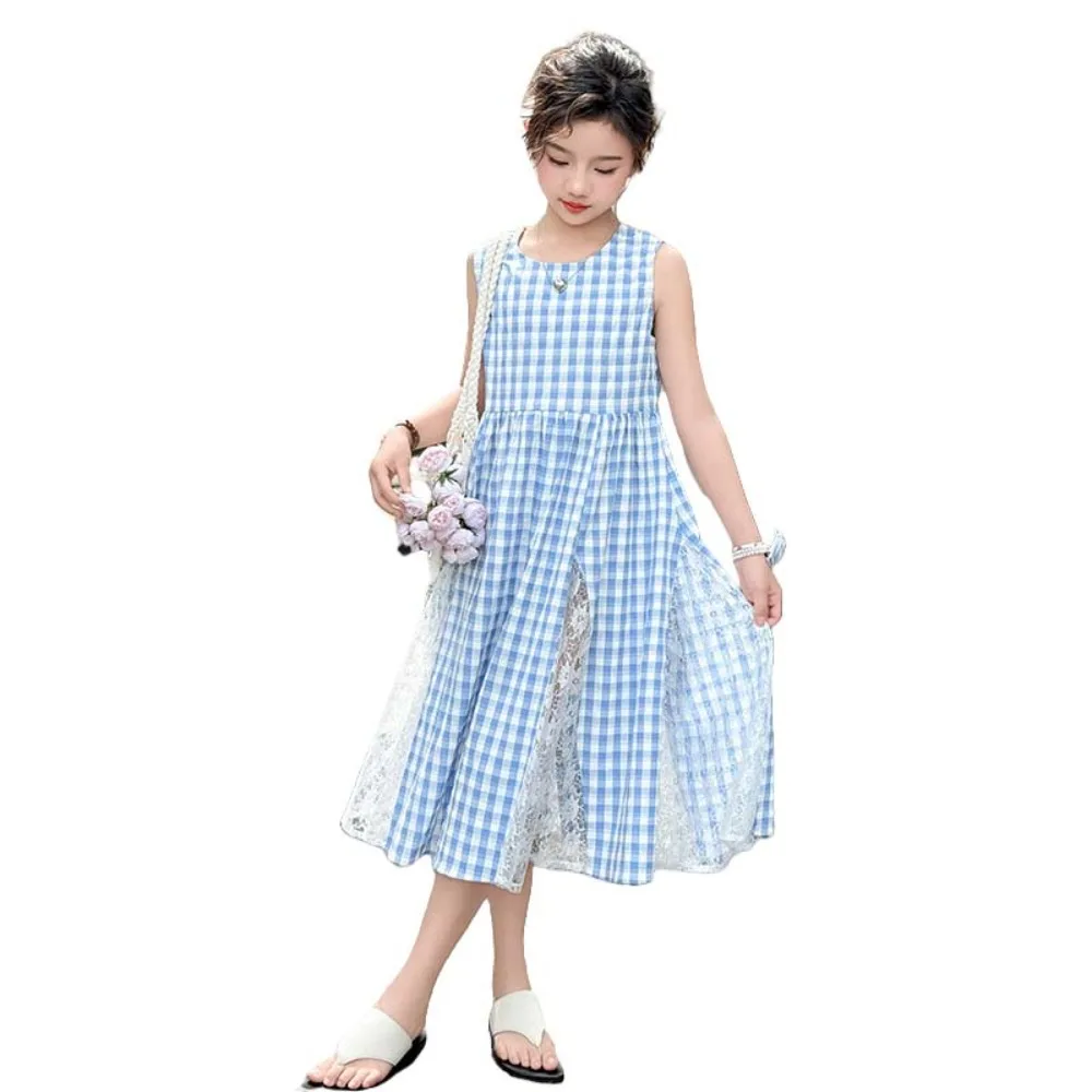 

Round Neck Children Plaid Dress Sleeveless with Mesh Lace Flower Kids Grid Long Dress Blue Red Casual Girls Patchwork Skirt